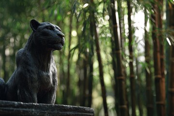 Obraz premium Dark panther statue amidst lush bamboo grove.