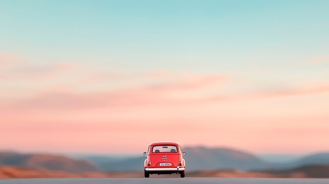 Fototapeta Red Miniature Car on Mountain Road at Sunset