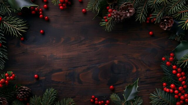 This is a rustic background featuring a dark, wooden surface, adorned with pine branches, red berries, and pinecones. It evokes a winter holiday atmosphere. (146 characters)