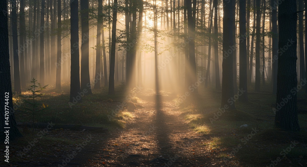 Poster sunlight streams through the trees in a forest, creating bright rays of light and shadows on the for