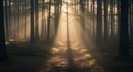 Sunlight streams through the trees in a forest, creating bright rays of light and shadows on the forest floor.
