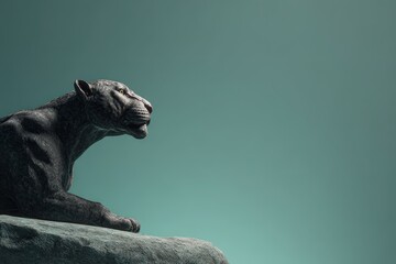 Fototapeta premium A regal black panther statue rests atop a stone ledge.