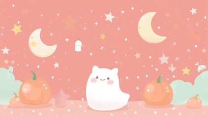 A cute kawaii Halloween backdrop with pastel pumpkins, stars, moon, and an adorable ghost on a playful pink canvas.