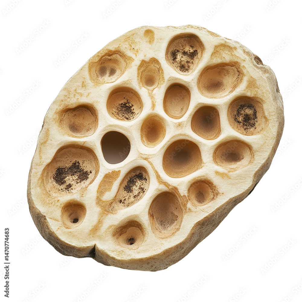 Poster lotus root sliced in half showing its unique structure on a transparent background, lotus root on tr