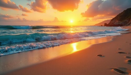 Obraz premium Golden sand beach at sunset, tranquil ocean waves gently lapping the shore , coast, sunset, travel