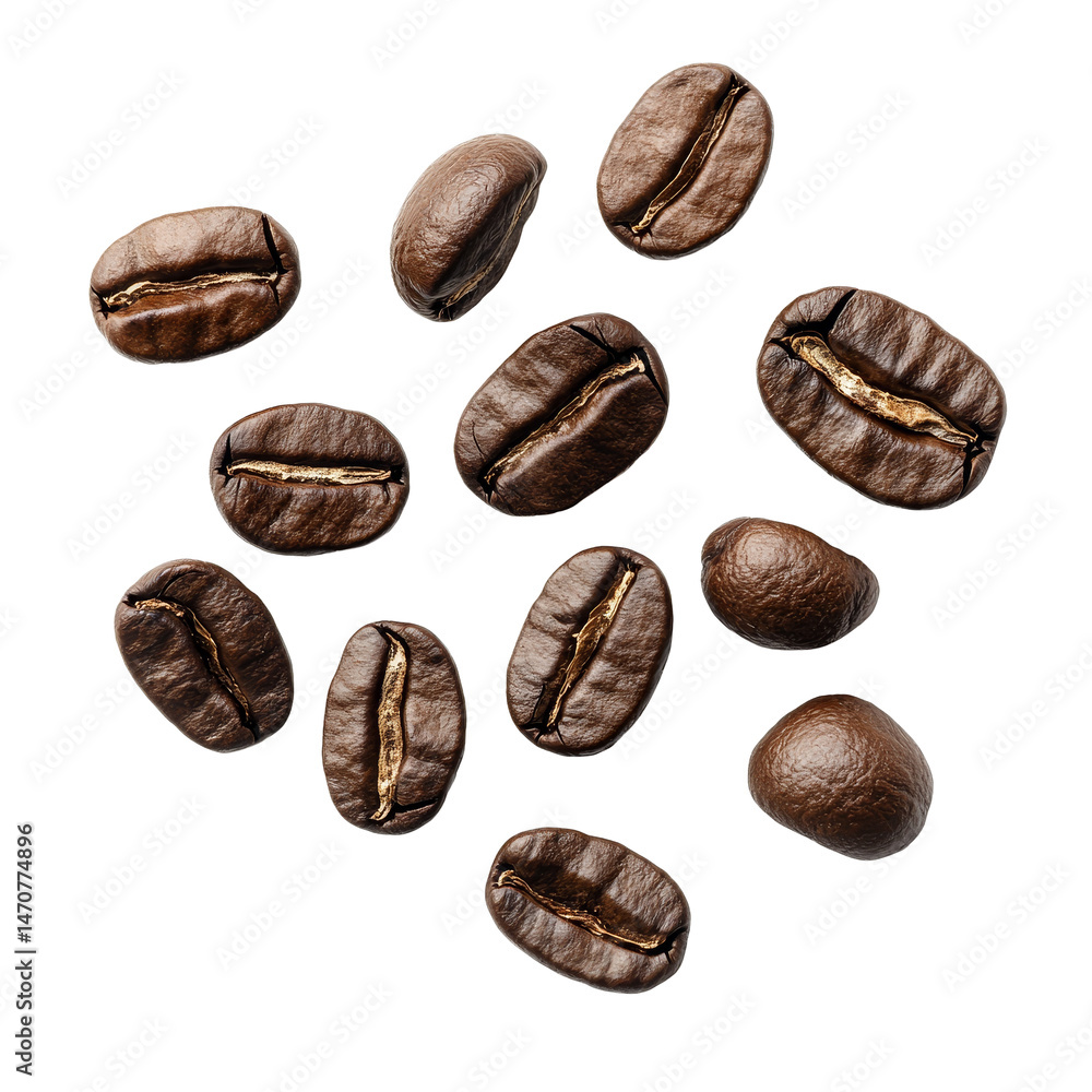 Poster coffee beans scattered on a clean transparent background showcasing their rich texture and deep brow