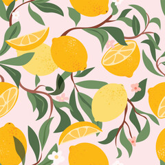Yellow lemons tropical seamless pattern. Fruit summer background. 