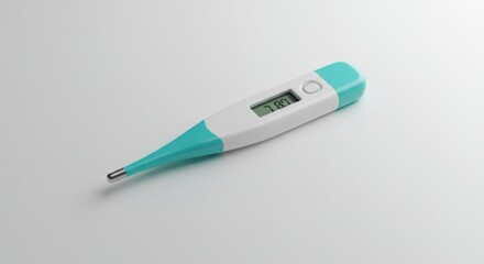 Obraz premium White digital thermometer with turquoise tip and band showing 37.7 on light gray background