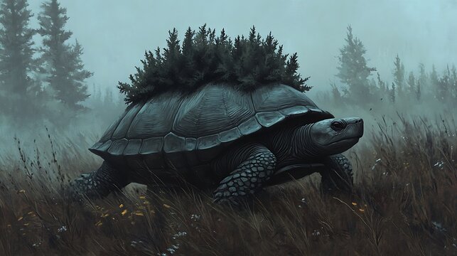 Tortoise with plant on back in misty forest