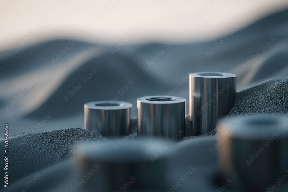 Aufkleber metallic cylinders of varying heights are partially submerged in sand, creating a visually appealing