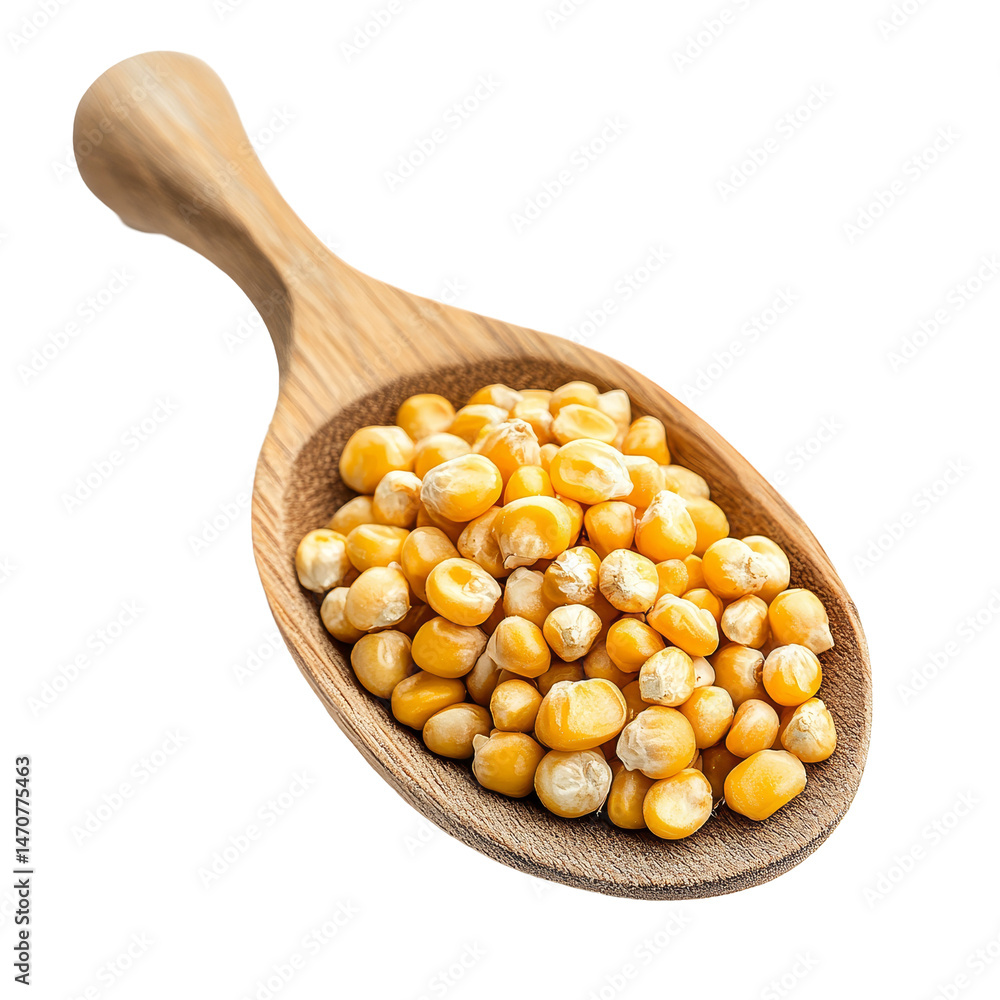 Poster corn seeds in a wooden spoon arranged neatly on a transparent background creating a rustic and natur