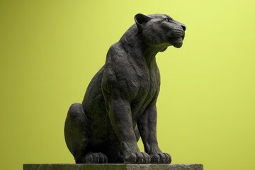 Fototapeta premium Dark sculpted feline figure, seated on a stone base.