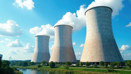 Large industrial cooling towers against a blue sky Industrial infrastructure, energy production, power plant, cooling system , cooling system, manufacturing, sky