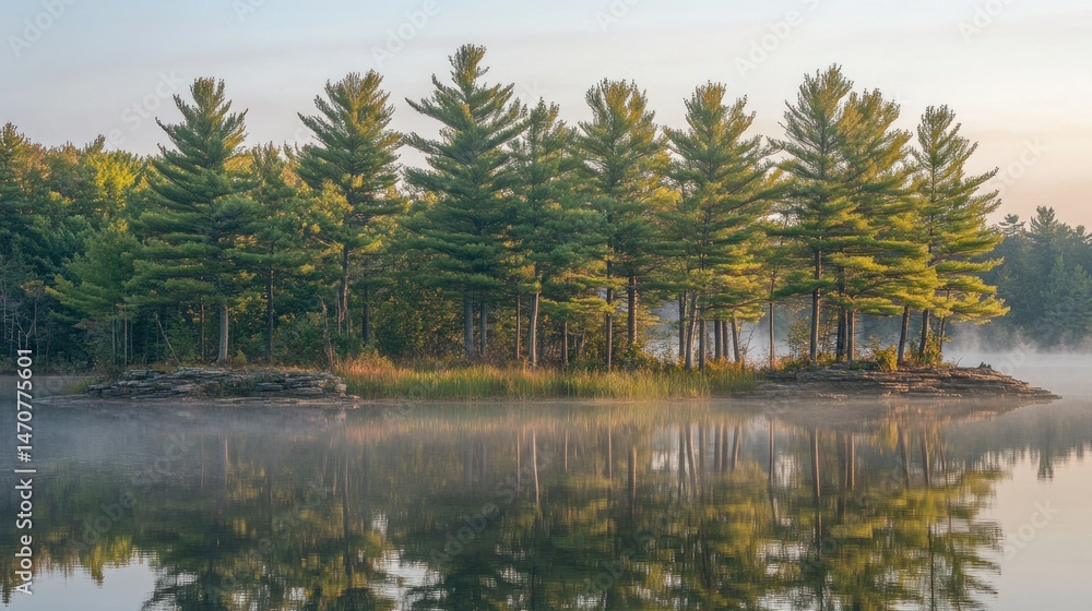 Poster a serene lake scene with trees and a beautiful reflection