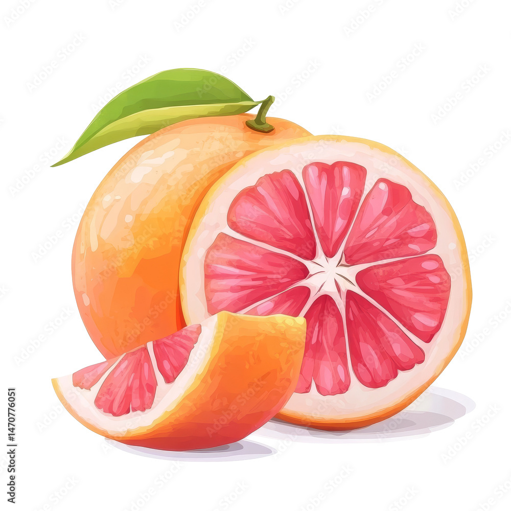 Poster fresh pink grapefruit with a sliced wedge on a transparent background showcasing vibrant colors and 