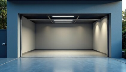 Modern, double car garage door open, revealing a clean, empty interior , clean, up and over door