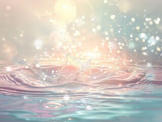 Tranquil water splash design in pastel hues, droplets forming delicate patterns, enhanced by a soft, central glowing light source.