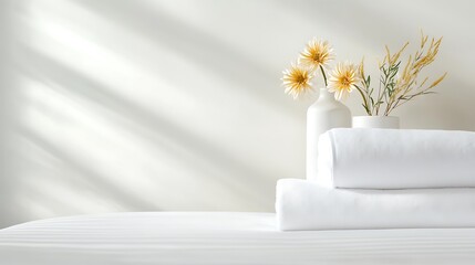 White Rolled Bedsheets and Towels with Flowers in Sunlight
