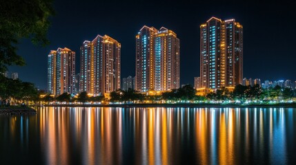 Naklejka premium Illuminated high rise buildings reflecting on a tranquil body of water
