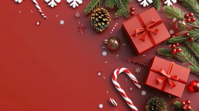 This Christmas image presents gifts wrapped in red ribbons and set against a vibrant red background. Adding to the spirit are candy canes, ornaments, and pinecones scattered around the gifts.
