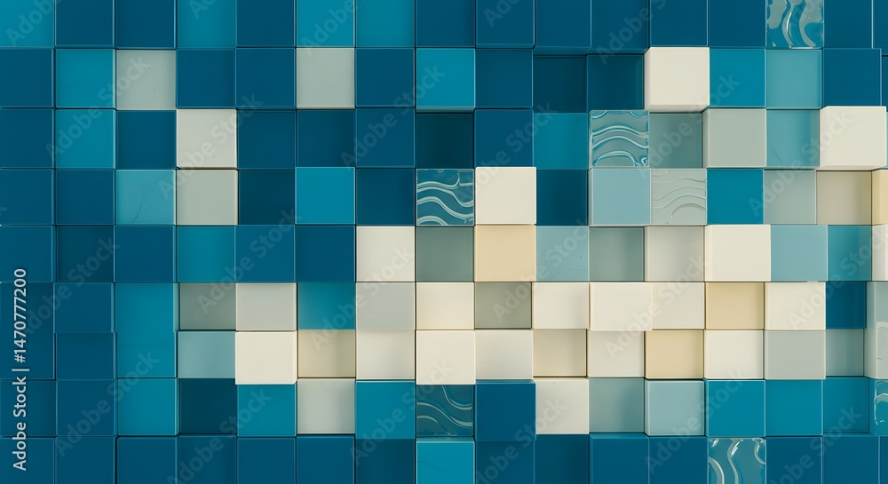 Poster abstract mosaic of blues, whites, and creams in a geometric cube pattern creating a calming and mode