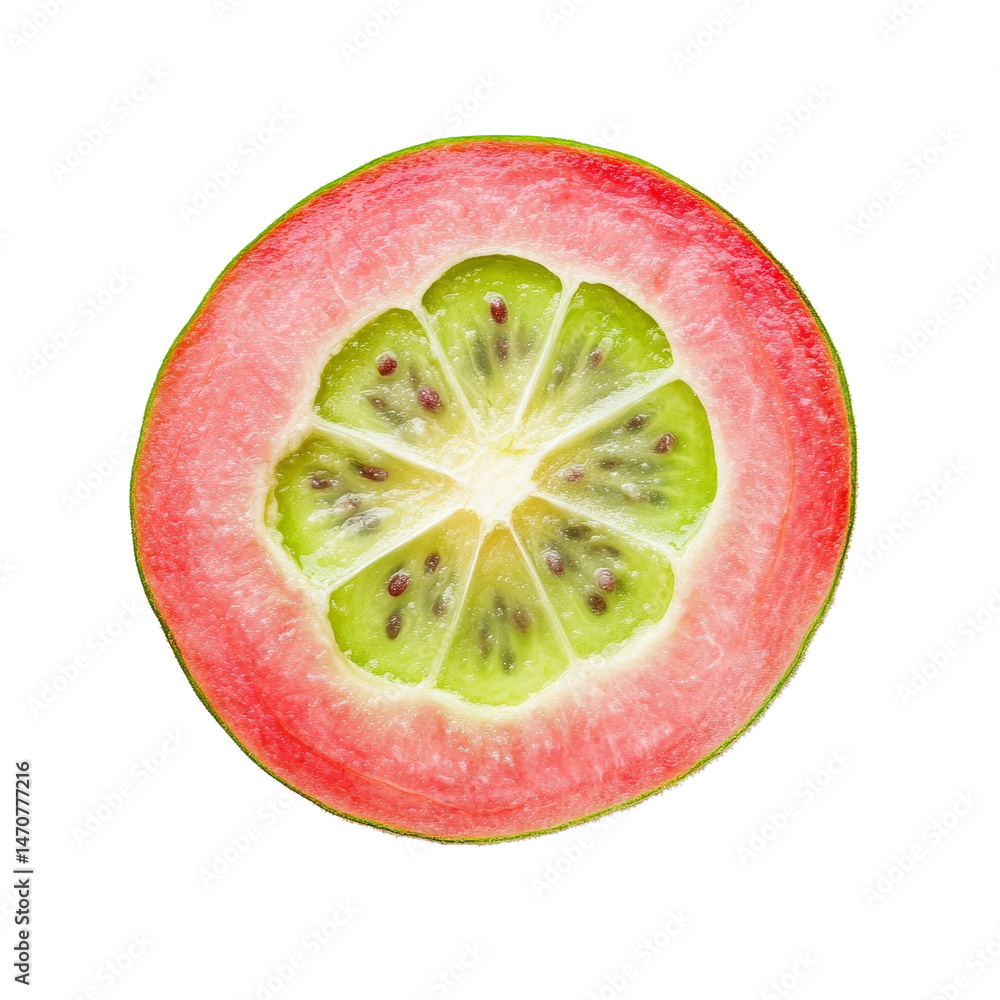 Poster freshly sliced guava fruit on a clean transparent background showcasing vibrant colors and unique te