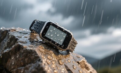Weather-Resistant Fitness Tracker Displaying Water Droplets on Rocky Surface During Outdoor Rainy Adventure