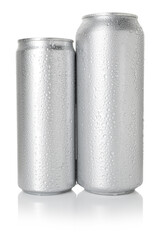 Two wet tin cans isolated on white