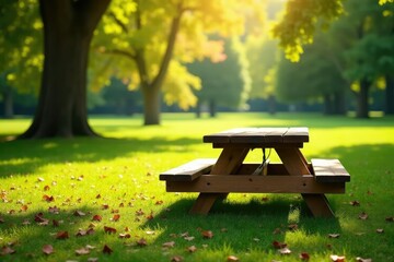 Naklejka premium Rustic wooden picnic table in a sunny park setting , weathered, sunshine