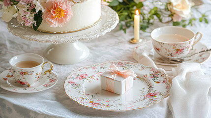 Fototapeta premium Delightful garden Birthday celebration featuring floral cakes, pastel gift wrap, vintage teaware, and soft bunting, evoking a tender, joyful birthday gathering in an English countryside garden