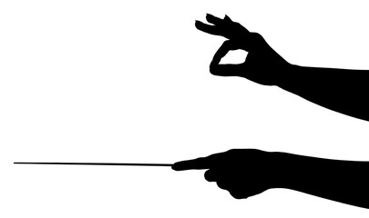 Silhouette of conductor with baton on white background, closeup