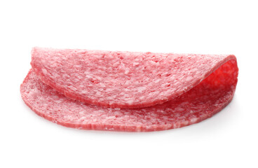 Slice of tasty smoked sausage isolated on white
