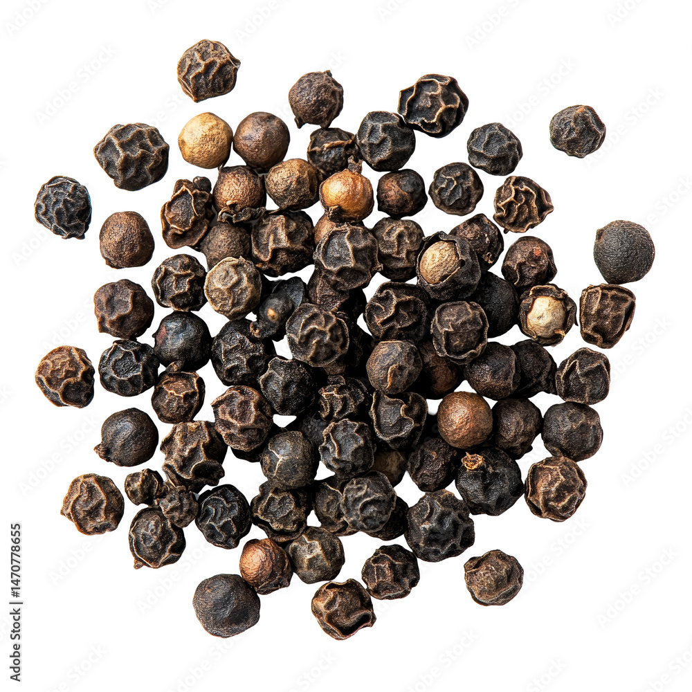 Poster isolated black peppercorns arranged neatly on a clean transparent background highlighting their text