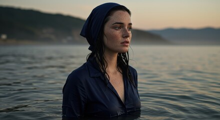 Woman in dark blue shirt and headscarf standing in water at dawn or dusk with coastal landscape