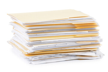 Stack of file folders with papers isolated on white