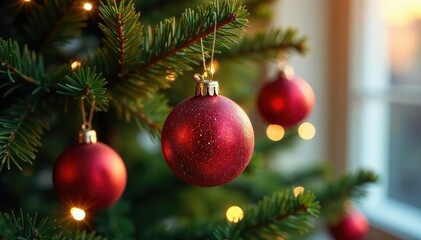 Sparkling Christmas tree ornaments hanging on a decorated tree branch , winter, lights, hanging