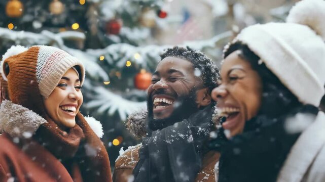 A group of joyful friends celebrate a winter holiday. They stand outside, framed by falling snow and a decorated holiday tree, sharing laughter and festive cheer in their cozy winter apparel.