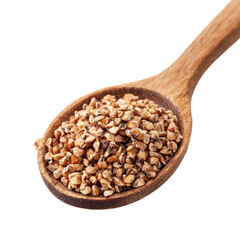 Buckwheat grains in a wooden spoon on a transparent background for culinary and dietary purposes, Buckwheat in wood spoon isolated on transparent background