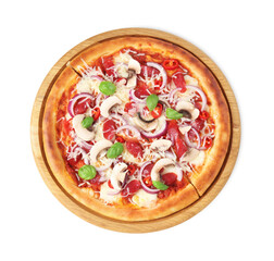 Tasty pizza with smoked sausages and mushrooms isolated on white, top view