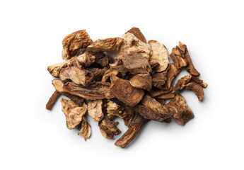 Pile of dry chicory roots isolated on white, above view