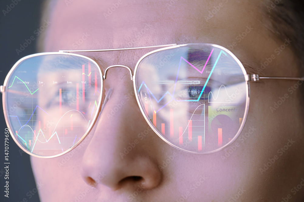 Poster stock exchange. trader analyzing data, closeup. graphs reflecting in his eyeglasses