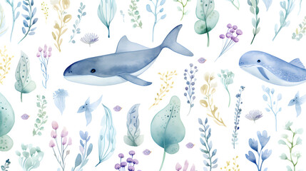 Seamless Pattern with Gray Whales, Blue Whales, and Seahorses for Marine-themed Design Projects