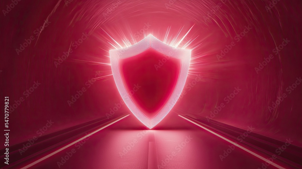 Poster abstract digital shield glowing in red tunnel with light streaks and road lines emphasizing security