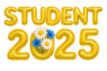 Swedish Student 2025 celebration with gold foil balloons and Swedish summer flowers in the zero, simple composition on white background