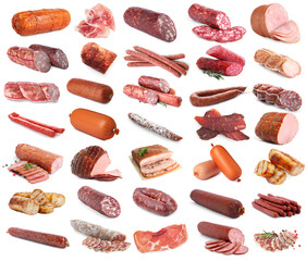 Delicious processed meat products on white background, collage