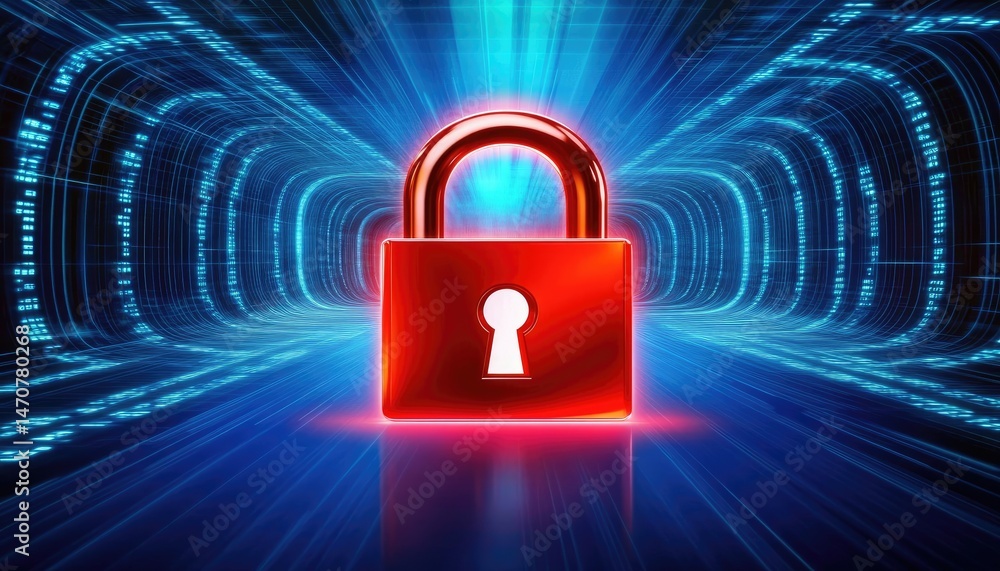Poster a glowing red padlock symbolizes security within a network tunnel illuminated by digital blue light 