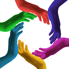 Making circle of human hands painted in different colors on white background. Unity, partnership,...