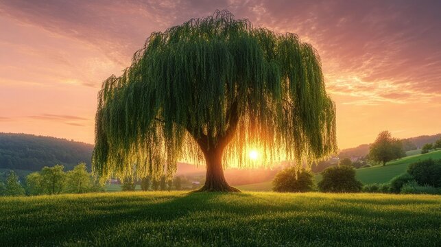 A beautiful weeping willow tree silhouetted by a warm sunset glow