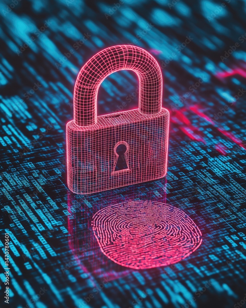 Poster glowing red padlock and fingerprint over digital circuit board, representing data security and acces