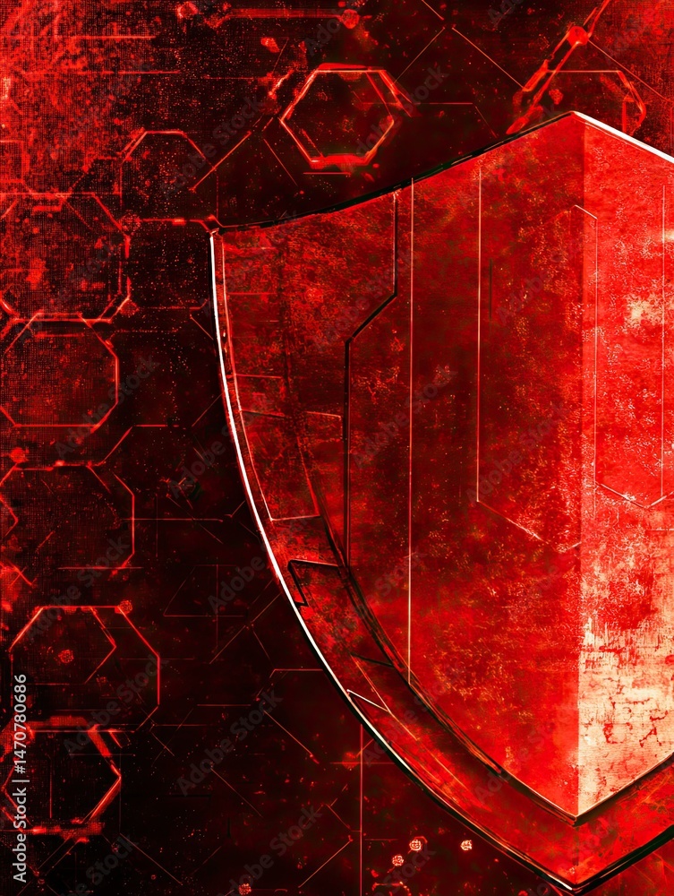 Poster abstract digital art with a red shield and geometric shapes against a dark background suggesting sec